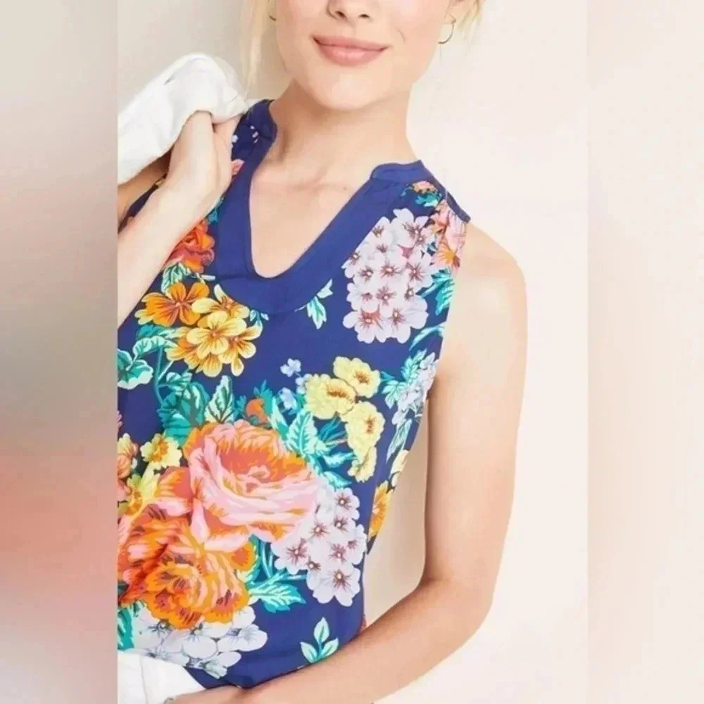 Anthropologie | Maeve | Melange Blue Garden Floral Sleeveless Top Size 0